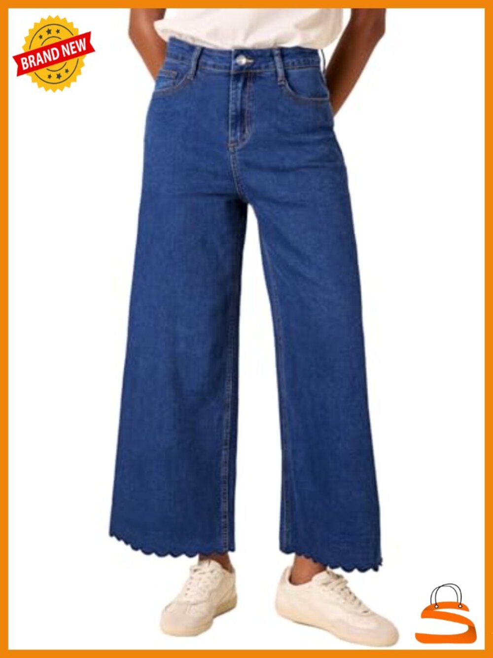 High Waisted Wide Leg Scalloped Hem Denim Jeans